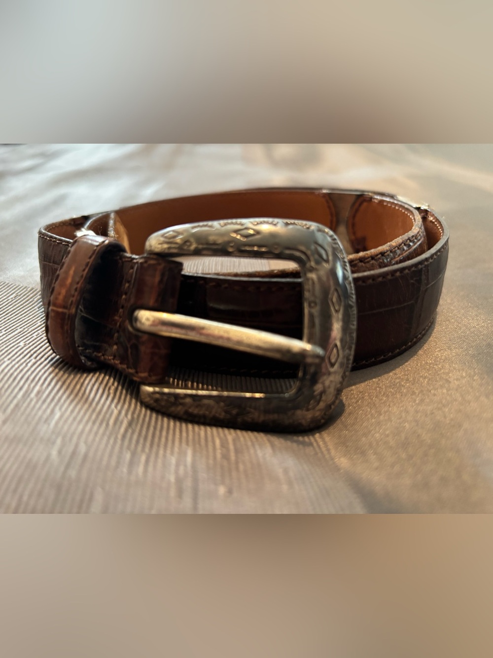Fossil Brown Leather Belt with Distressed Silver Buckle and Accents